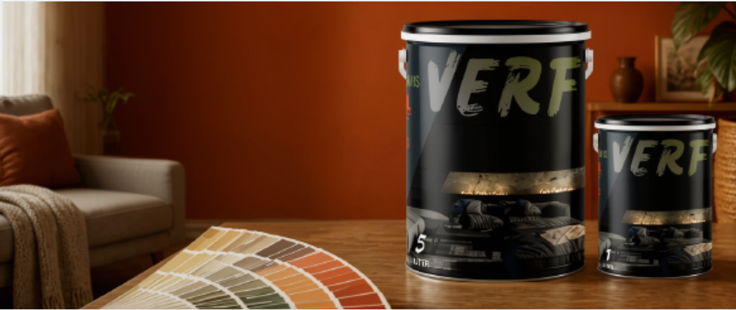 VERF-verfblikke op 'n tafel langs 'n kleurwaaier